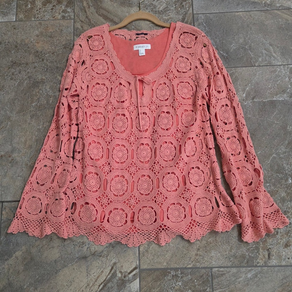Coral Pink Crochet Bell Sleeve Tunic Top Boho Floral Medallion L Forever 21 Tank